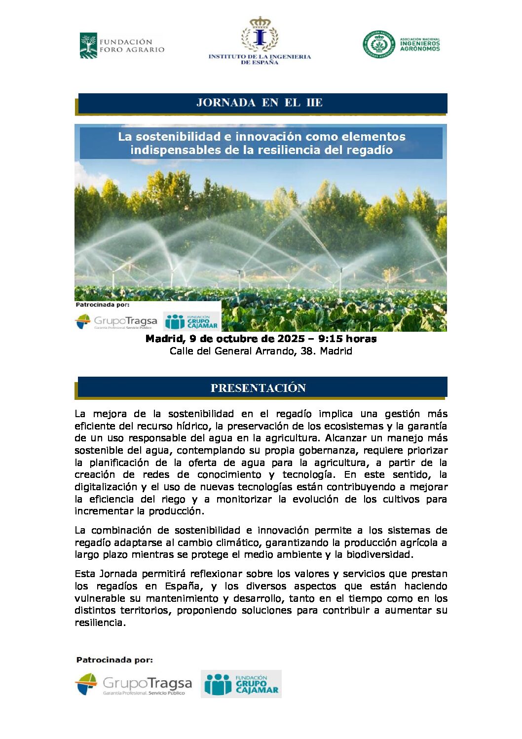 Jornada sobre “La sostenibilidad e innovación como elementos indispensables de la resiliencia del regadío”